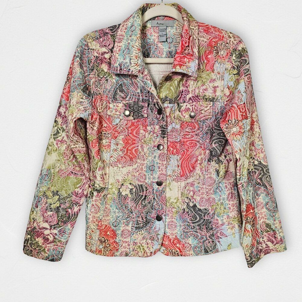 Analogy Paisley Floral Print Denim Style Jacket Women’s Large Boho Colorful